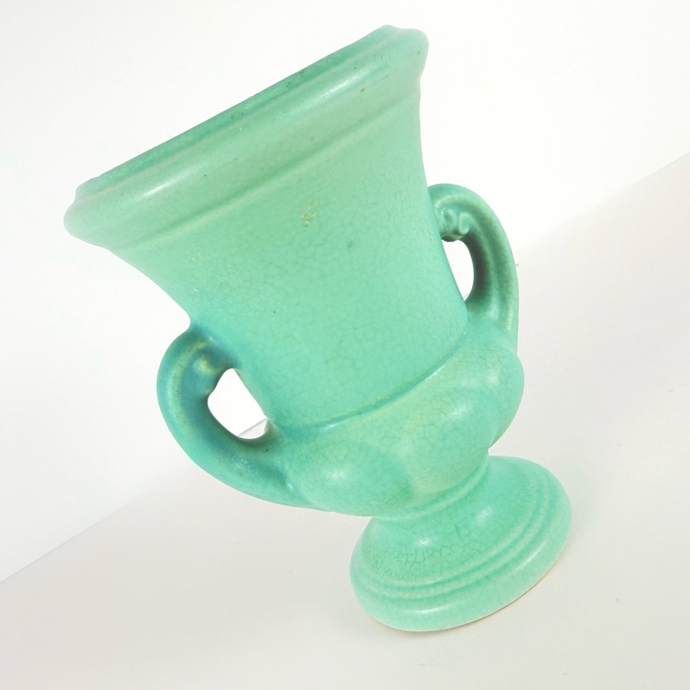 Antique Pottery Art Trophy Vase Small Aqua/Turquoise Handled 5.5x4x5 Inches - Picture 2 of 15